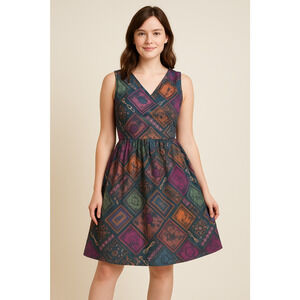 ModCloth Dress Womens L Geometric Cotton Back Zip Fit n Flare Lined